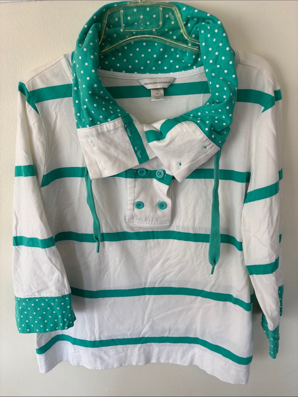 Christopher & Banks White shirt with Teal Stripes and Polka Dot collar size xl